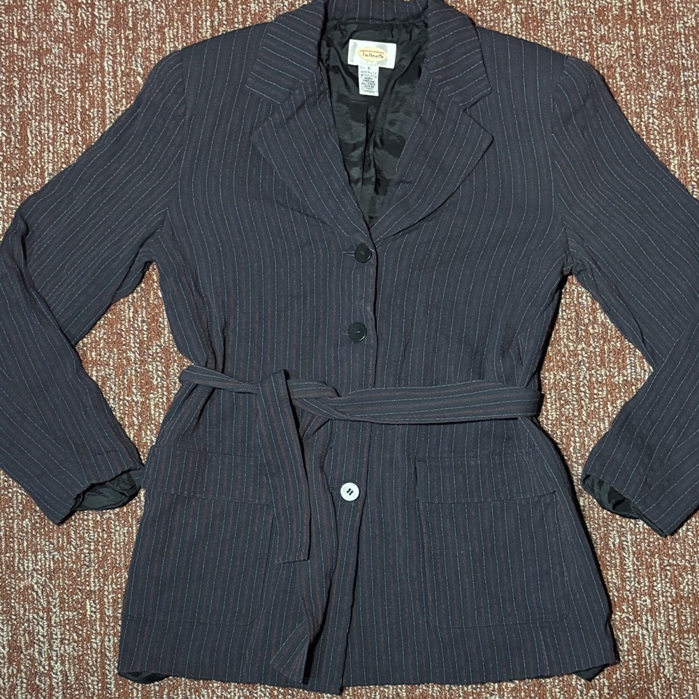 navy blue Pinstripe blazer button front belted blazer academia preppy classic 6